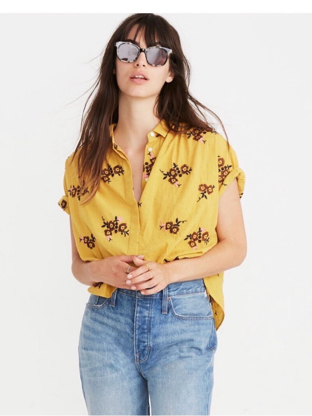 Madewell Mustard Embroidered Short-Sleeve Button-Down Top